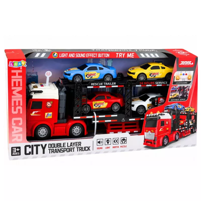 LEAN TOYS Lora Transporter Laweta z 4 Autami, Światła i Dźwięki – Zabawkowy Transporter Aut z Odczepianą Przyczepą