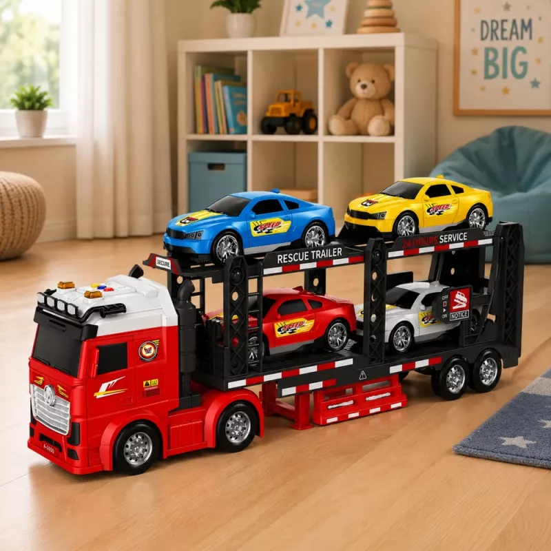 LEAN TOYS Lora Transporter Laweta z 4 Autami, Światła i Dźwięki – Zabawkowy Transporter Aut z Odczepianą Przyczepą