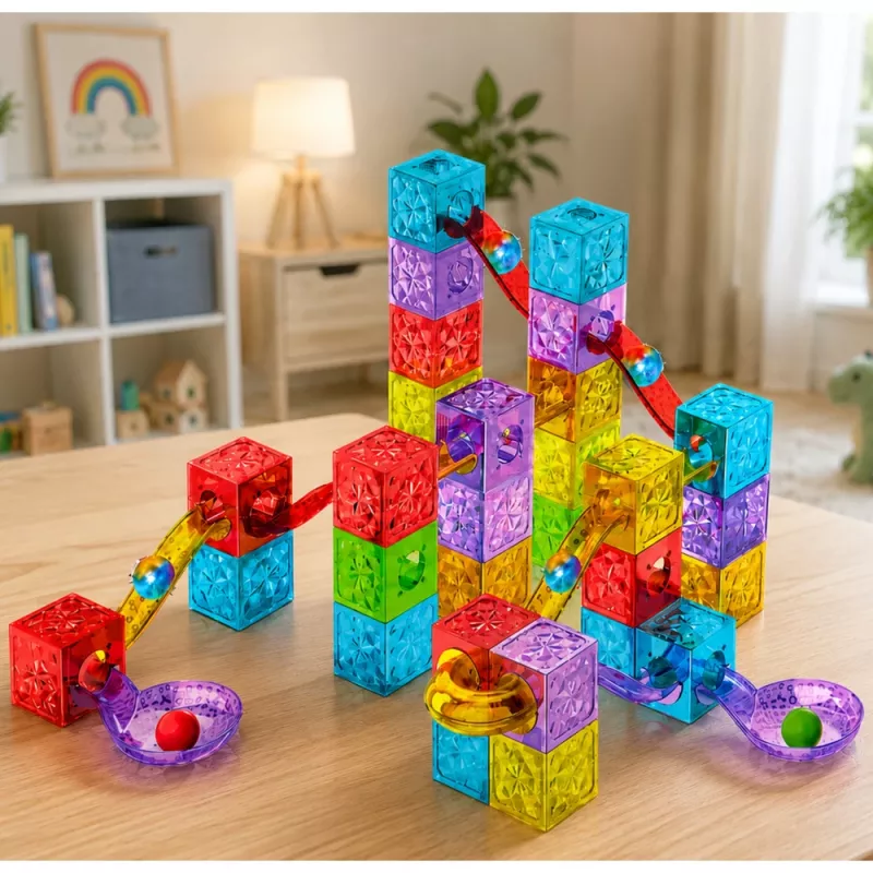 LEAN TOYS Magnetyczne Klocki Konstrukcyjne 60 szt. - Kolorowy Zestaw z Kulkami i Torami