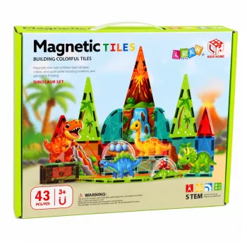 LEAN TOYS Magnetyczne Klocki Konstrukcyjne Zestaw Dinozaury i Wulkan - 43 elementy, Edukacyjna Zabawka STEM dla Dzieci 3+