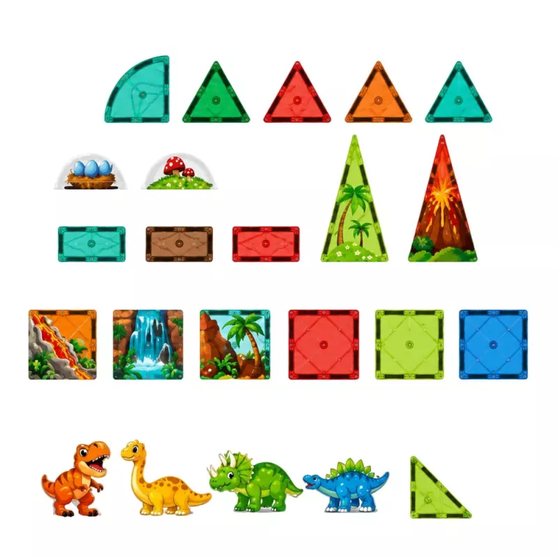 LEAN TOYS Magnetyczne Klocki Konstrukcyjne Zestaw Dinozaury i Wulkan - 43 elementy, Edukacyjna Zabawka STEM dla Dzieci 3+