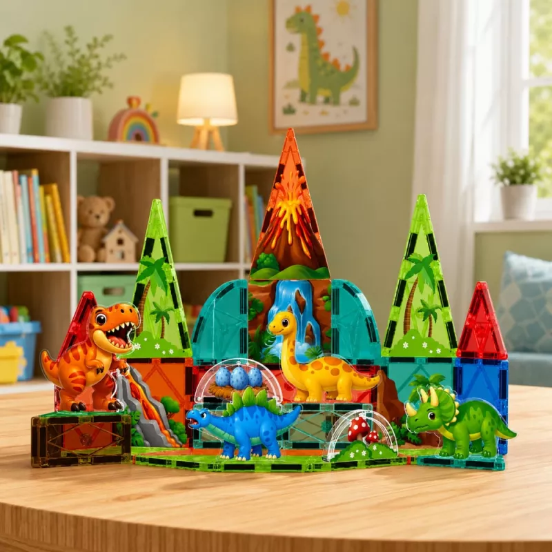 LEAN TOYS Magnetyczne Klocki Konstrukcyjne Zestaw Dinozaury i Wulkan - 43 elementy, Edukacyjna Zabawka STEM dla Dzieci 3+