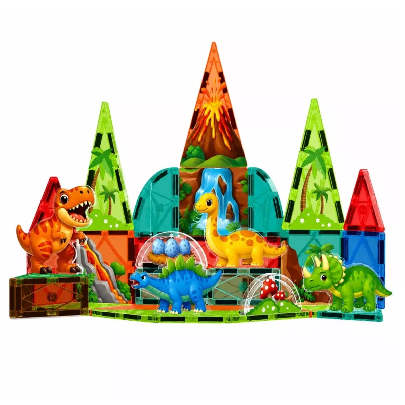 LEAN TOYS Magnetyczne Klocki Konstrukcyjne Zestaw Dinozaury i Wulkan - 43 elementy, Edukacyjna Zabawka STEM dla Dzieci 3+