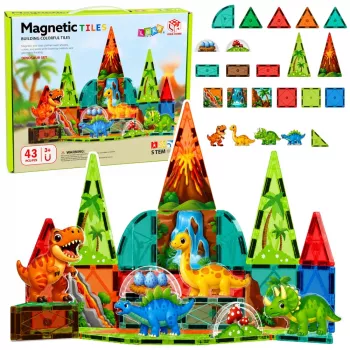 LEAN TOYS Magnetyczne Klocki Konstrukcyjne Zestaw Dinozaury i Wulkan - 43 elementy, Edukacyjna Zabawka STEM dla Dzieci 3+