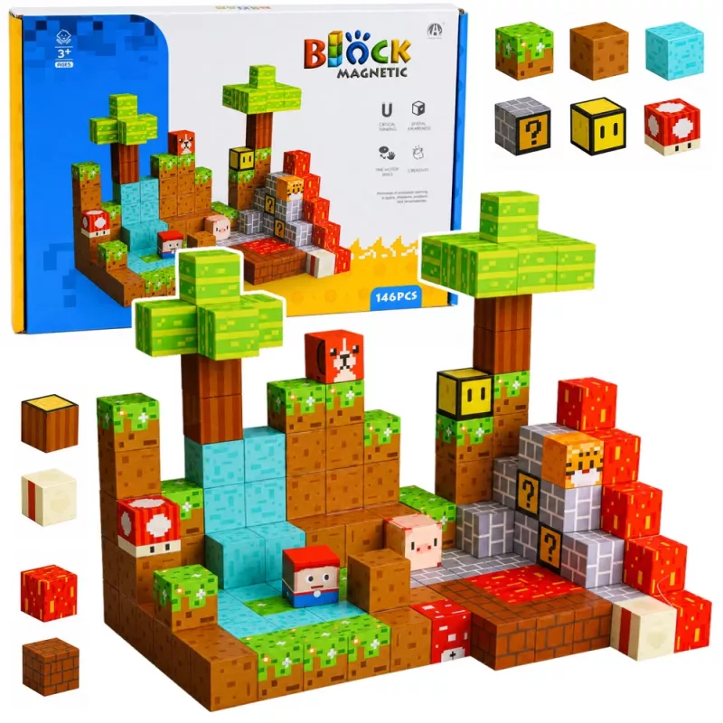LEAN TOYS Magnetyczne Klocki Konstrukcyjne Pixel World Kolorowe Kostki 146 szt.