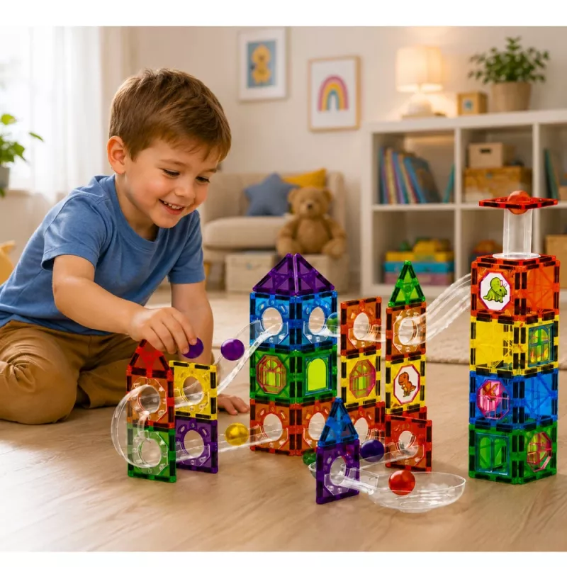 LEAN TOYS Magnetyczne Klocki Konstrukcyjne Zestaw Torów z Kulkami STEM i Dinozaurami – 92 elementy