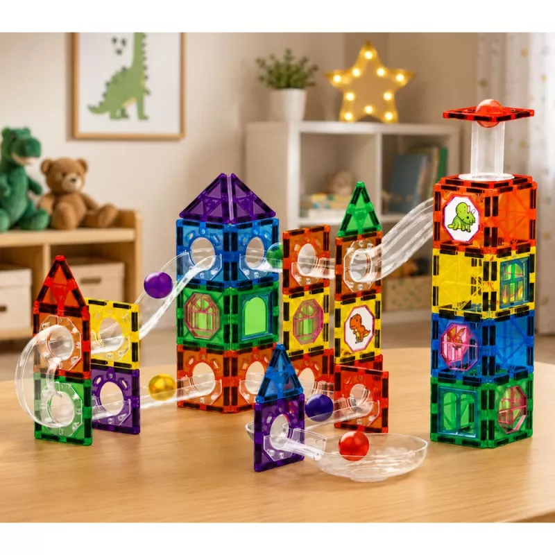 LEAN TOYS Magnetyczne Klocki Konstrukcyjne Zestaw Torów z Kulkami STEM i Dinozaurami – 92 elementy