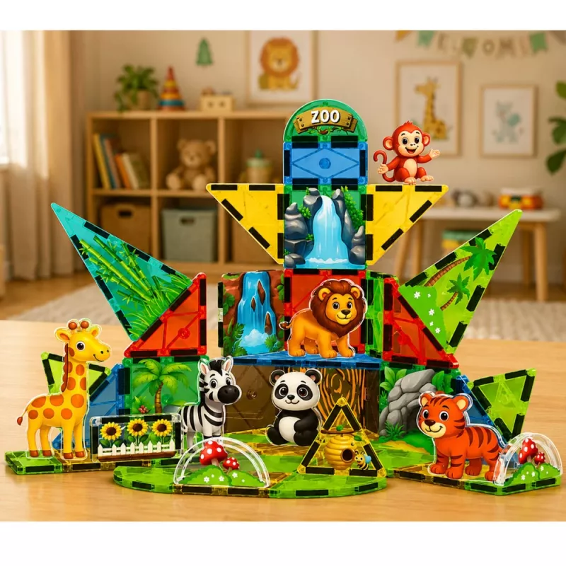 LEAN TOYS Magnetyczne klocki konstrukcyjne Dzikie zwierzęta Dżungla ZOO 52 szt.
