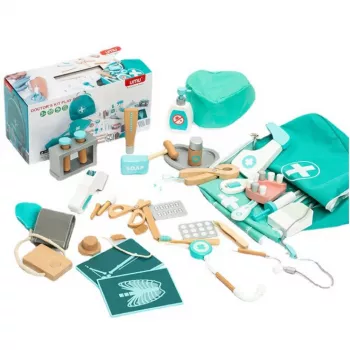LEAN TOYS Zestaw Medyczny Mały Doktor Dentysta Drewniana Apteczka Fartuch 20 szt.