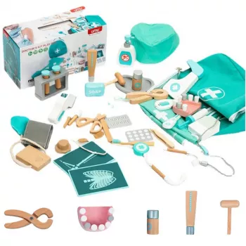 LEAN TOYS Zestaw Medyczny Mały Doktor Dentysta Drewniana Apteczka Fartuch 20 szt.