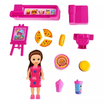 LEAN TOYS Mini zestaw lalek z kasą fiskalną, sprzedawczynią, hamburgerem i akcesoriami do lodów