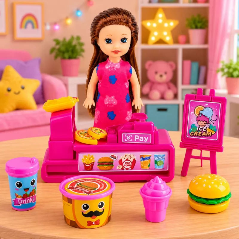 LEAN TOYS Mini zestaw lalek z kasą fiskalną, sprzedawczynią, hamburgerem i akcesoriami do lodów
