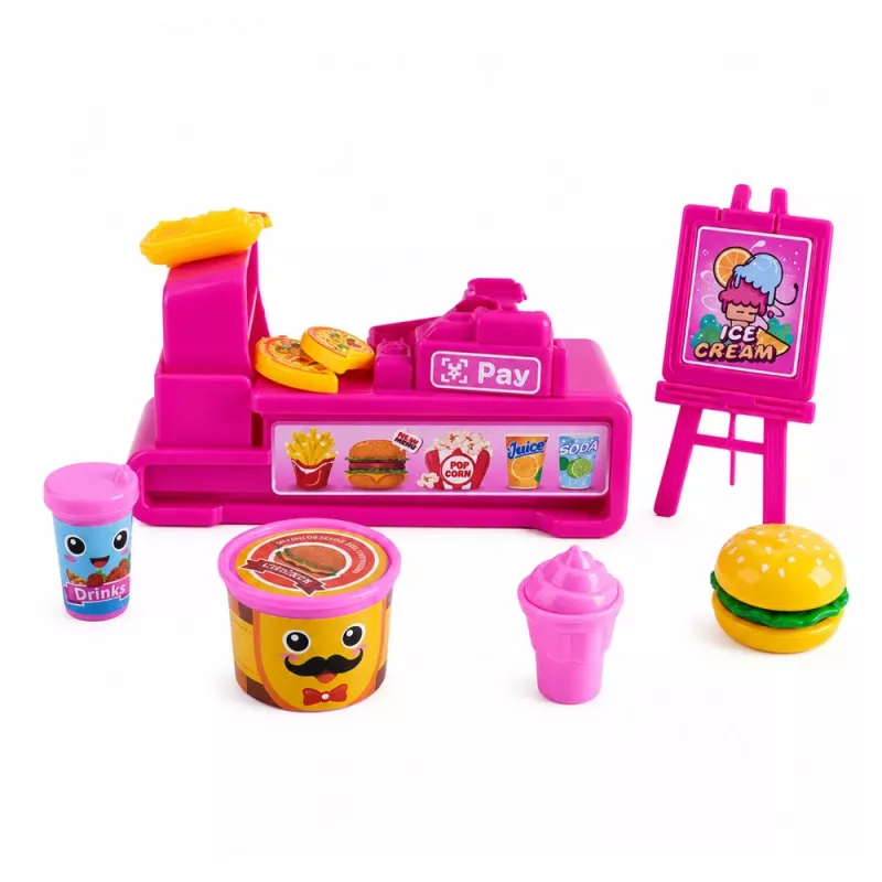 LEAN TOYS Mini zestaw lalek z kasą fiskalną, sprzedawczynią, hamburgerem i akcesoriami do lodów