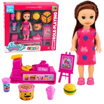 LEAN TOYS Mini zestaw lalek z kasą fiskalną, sprzedawczynią, hamburgerem i akcesoriami do lodów