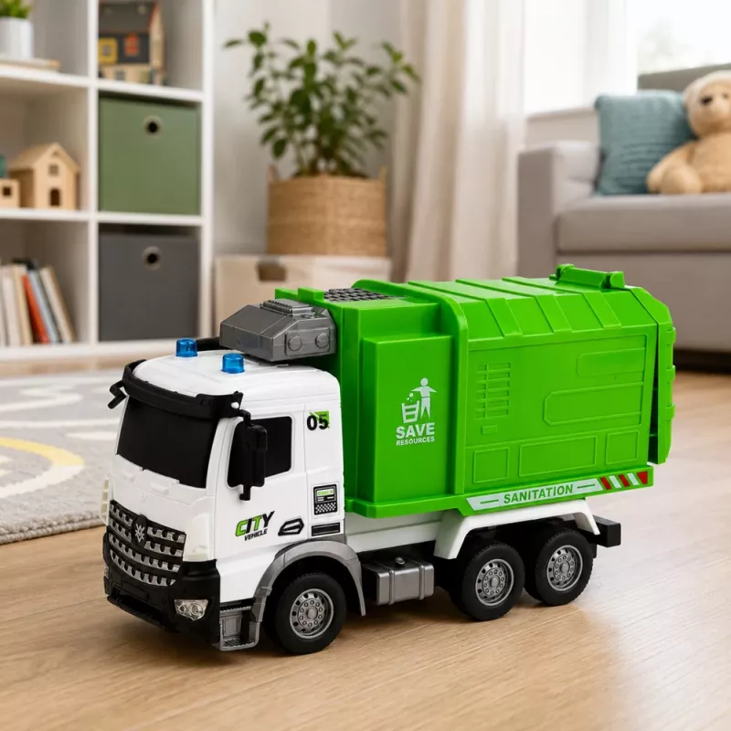 LEAN TOYS Pojazd komunalny Samochód zdalnie sterowany Śmieciarka RC Kontener Kosz Światła 1:14
