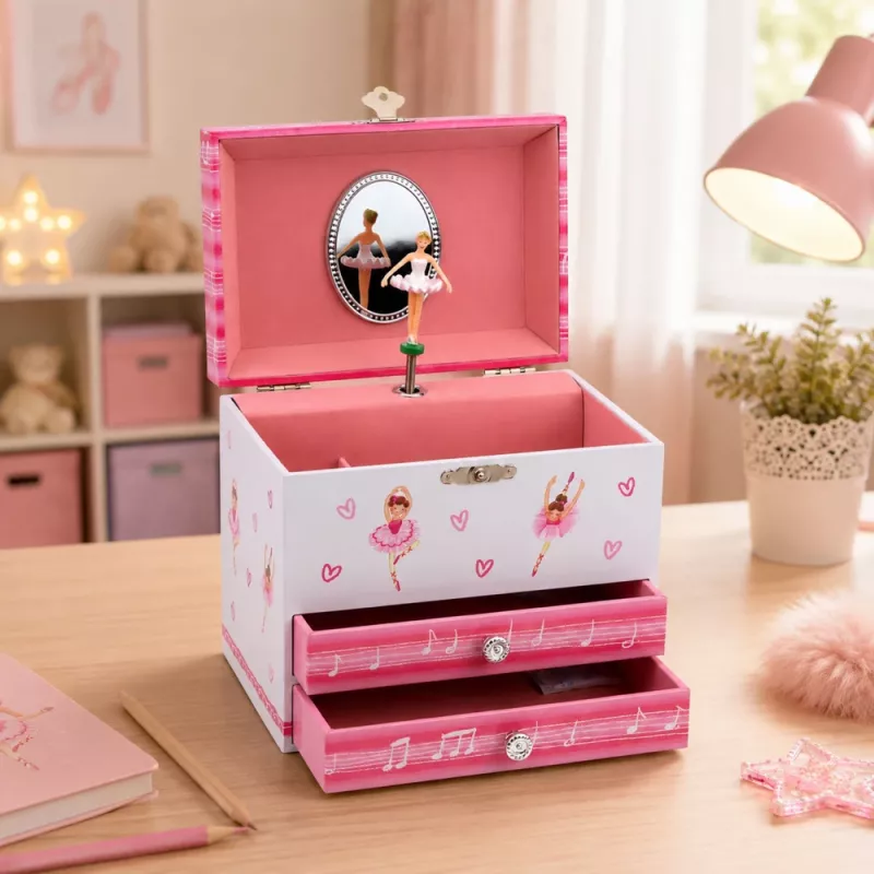 LEAN TOYS Muzyczny Bizuteria z Balerina, Pozytywka, Lustereczko i Szufladki - Rozowy Klasyczny Design