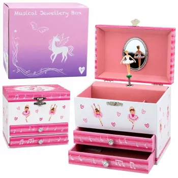 LEAN TOYS Muzyczny Bizuteria z Balerina, Pozytywka, Lustereczko i Szufladki - Rozowy Klasyczny Design