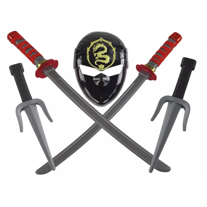 LEAN TOYS Zestaw Ninja Warrior z maską, mieczem, sztyletami, shurikenami, łukiem i strzałami – czerwone zdobienia (10 elementów)