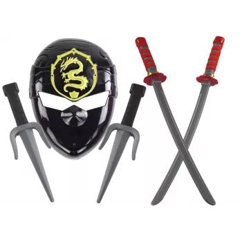 LEAN TOYS Zestaw Ninja Warrior z maską, mieczem, sztyletami, shurikenami, łukiem i strzałami – czerwone zdobienia (10 elementów)