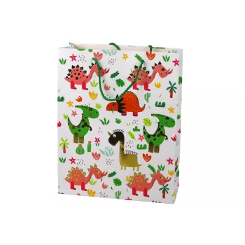 LEAN TOYS Papierowa torba prezentowa Kolorowe dinozaury i palmy 32 cm x 26 cm x 10 cm