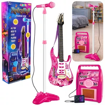 LEAN TOYS Różowa gitara elektryczna z mikrofonem i wzmacniaczem