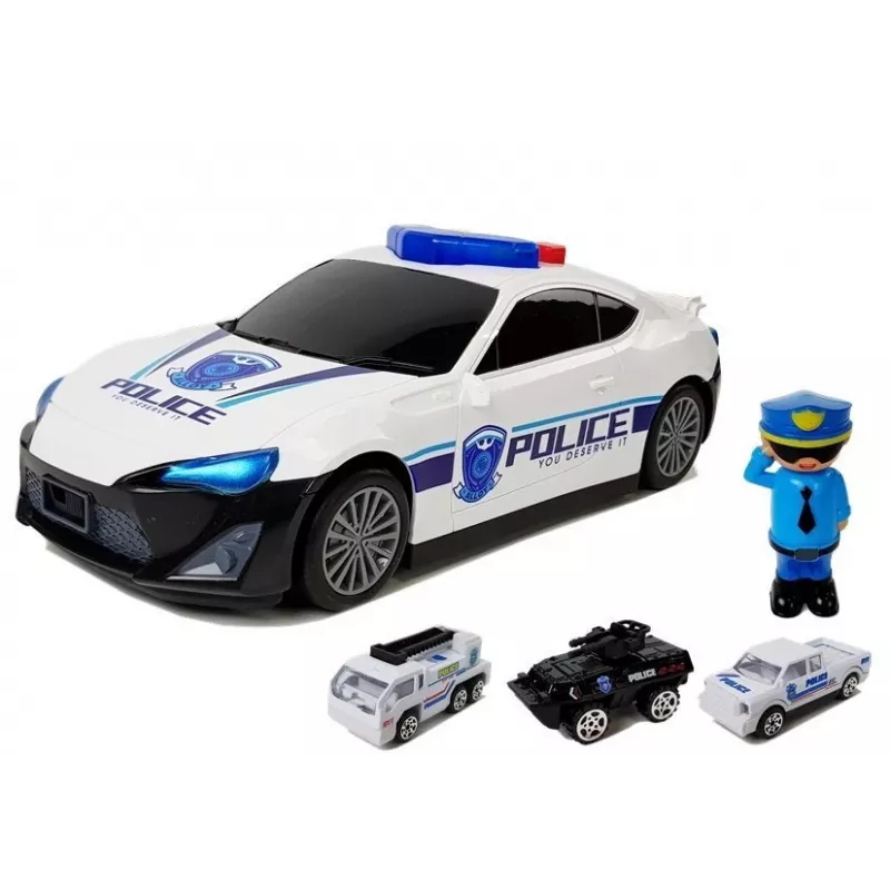 LEAN TOYS Policyjny garaż z przechowywaniem 2w1 Policjant Małe samochody Dźwięk Światło