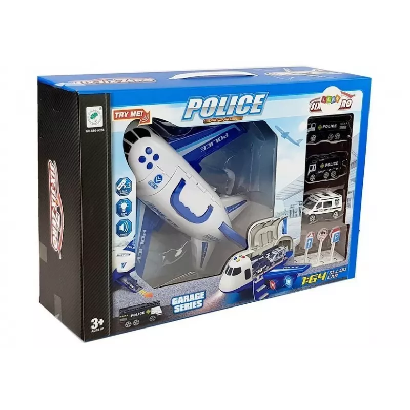 LEAN TOYS Policyjny Samolot Składany z Samochodzikami 1:64 z Światłami i Dźwiękami