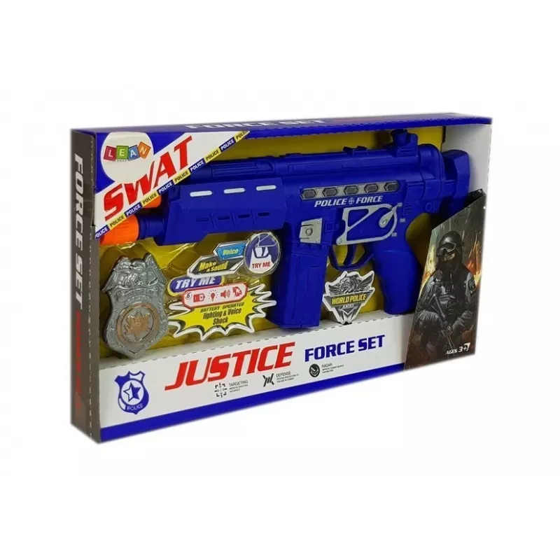 LEAN TOYS Zestaw policyjny z pistoletem i odznaką, granatowy, efekty dźwiękowe i świetlne, 37 cm