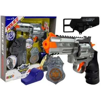 Zestaw policyjny LEAN TOYS Rewolwer 20cm Odznaka Kabura Gwizdek Efekty dźwiękowe i świetlne