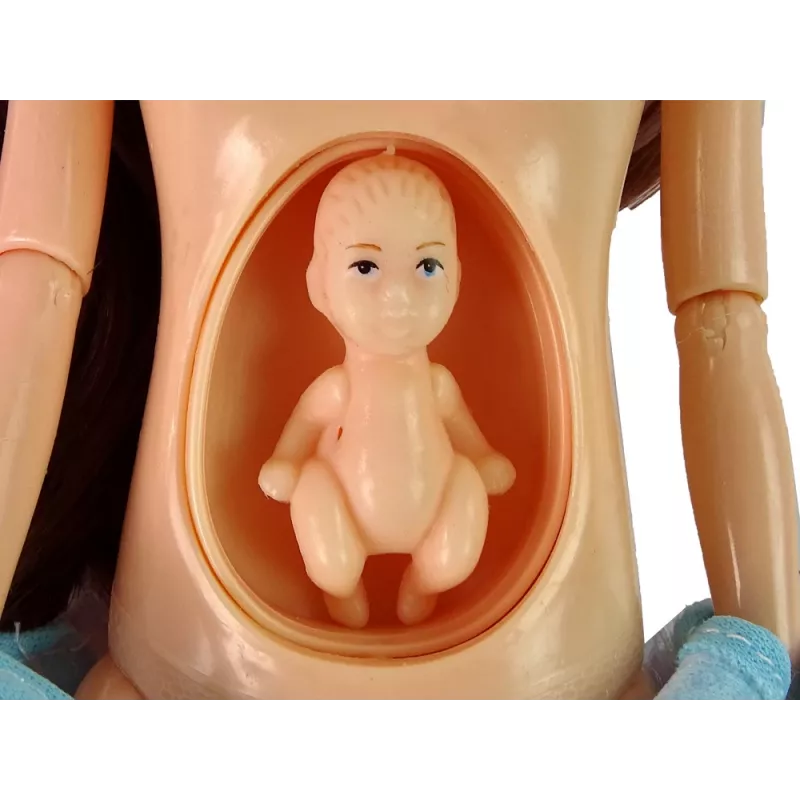 LEAN TOYS Lalka Mama w Ciąży z Otwieranym Brzuszkiem i Niebieską Sukienką 30 cm