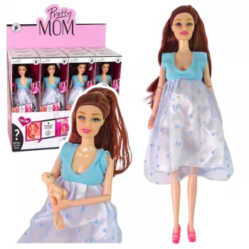 LEAN TOYS Lalka Mama w Ciąży z Otwieranym Brzuszkiem i Niebieską Sukienką 30 cm