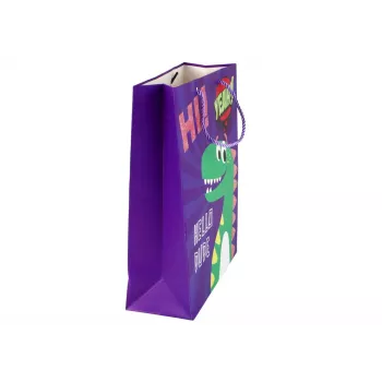 LEAN TOYS Purpurowa papierowa torba prezentowa z dinozaurem 32cm x 26cm x 10cm