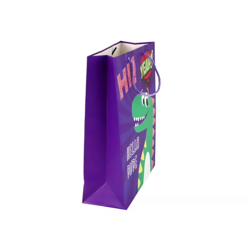 LEAN TOYS Purpurowa papierowa torba prezentowa z dinozaurem 32cm x 26cm x 10cm