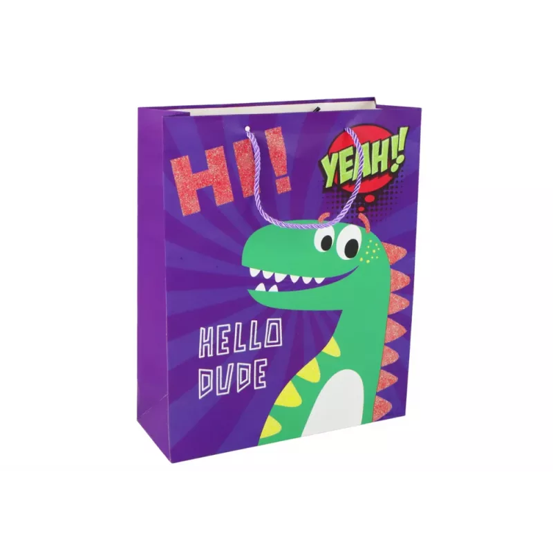 LEAN TOYS Purpurowa papierowa torba prezentowa z dinozaurem 32cm x 26cm x 10cm