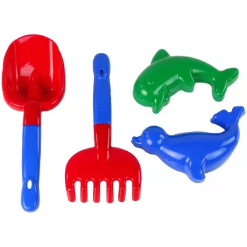 LEAN TOYS Zestaw piaskowy 4-częściowy – łopatka, grabki, 2 foremki, trwały plastik, wiek 12m+