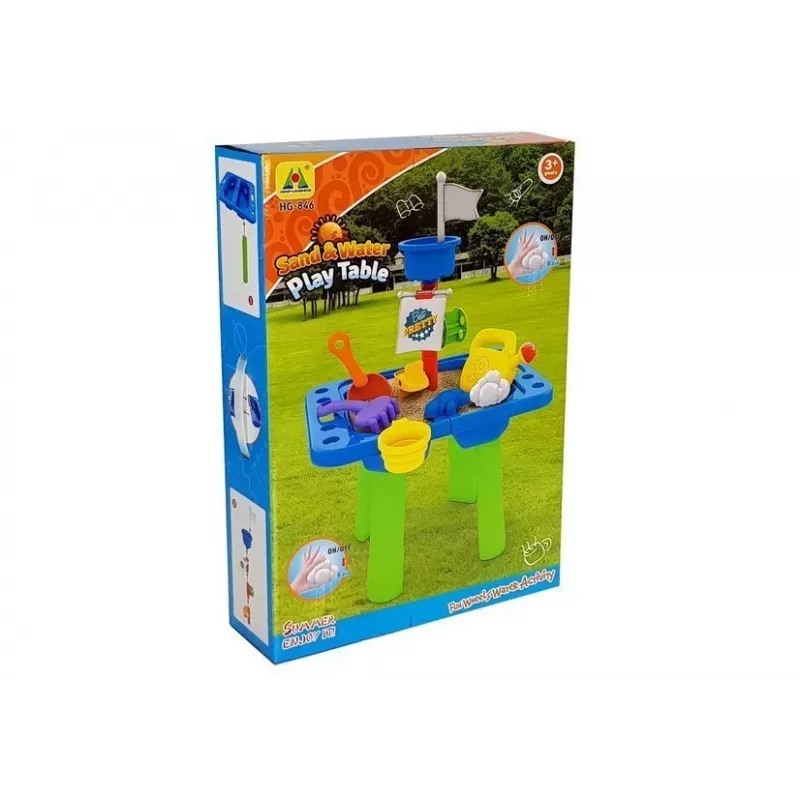 LEAN TOYS Stół do piaskownicy z foremkami, łopatką, grabkami i chmurką - wielokolorowy