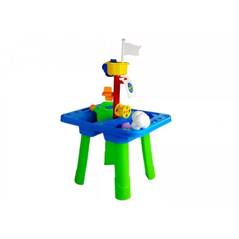 LEAN TOYS Stół do piaskownicy z foremkami, łopatką, grabkami i chmurką - wielokolorowy