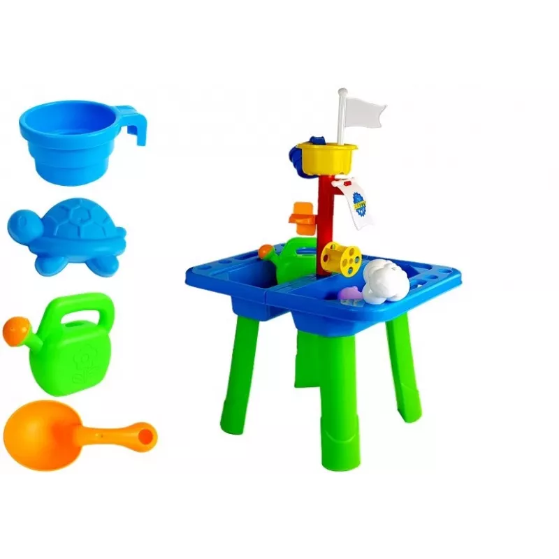 LEAN TOYS Stół do piaskownicy z foremkami, łopatką, grabkami i chmurką - wielokolorowy