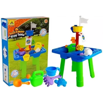 LEAN TOYS Stół do piaskownicy z foremkami, łopatką, grabkami i chmurką - wielokolorowy