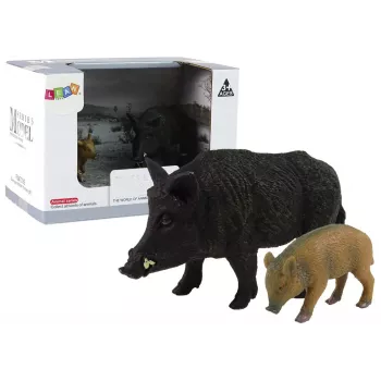LEAN TOYS Zestaw 2 figurek dzika z młodym, seria Leśne Zwierzęta