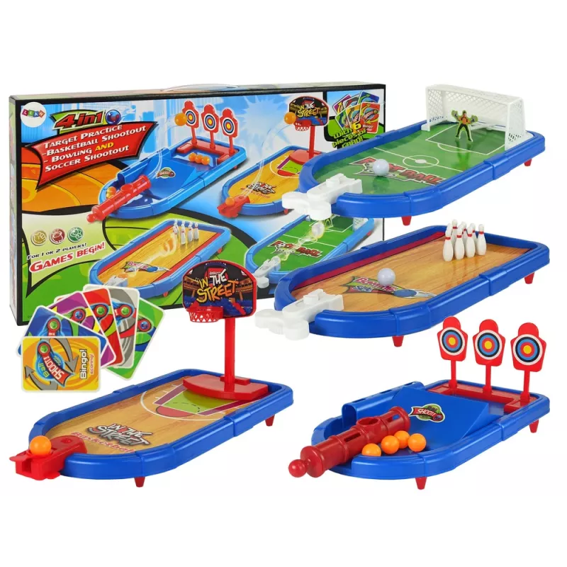 LEAN TOYS Zestaw 4-w-1 Gier Zręcznościowych Koszykówka Piłka Nożna Tarcza Kręgle Dart