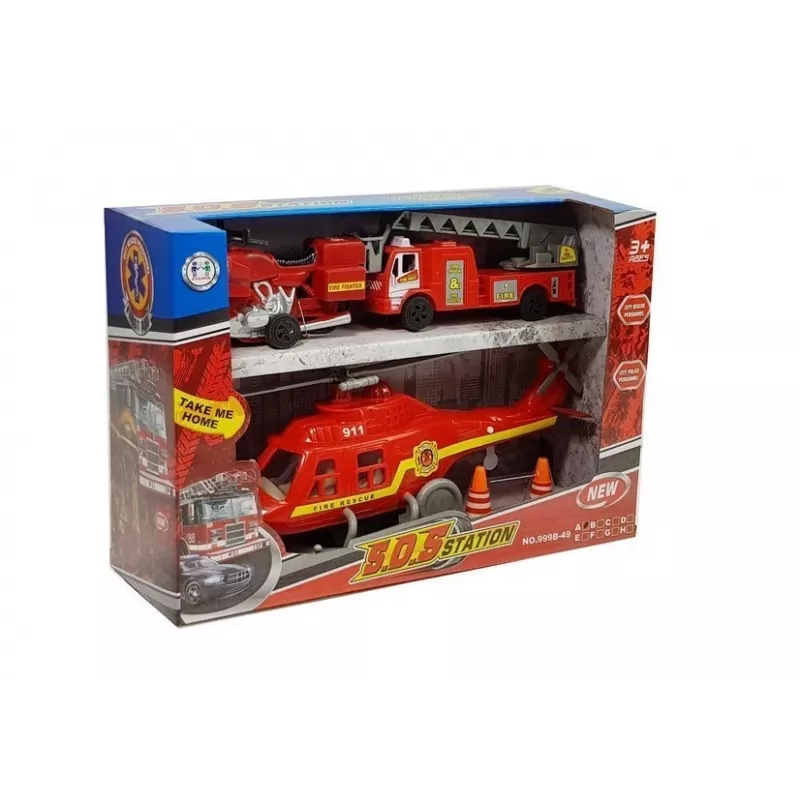 LEAN TOYS Zestaw pojazdów straży pożarnej: wóz strażacki, helikopter, motocykl z dźwiękiem i światłem