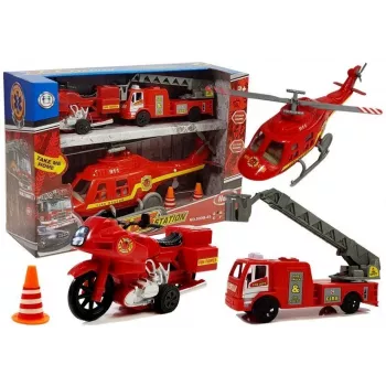 LEAN TOYS Zestaw pojazdów straży pożarnej: wóz strażacki, helikopter, motocykl z dźwiękiem i światłem