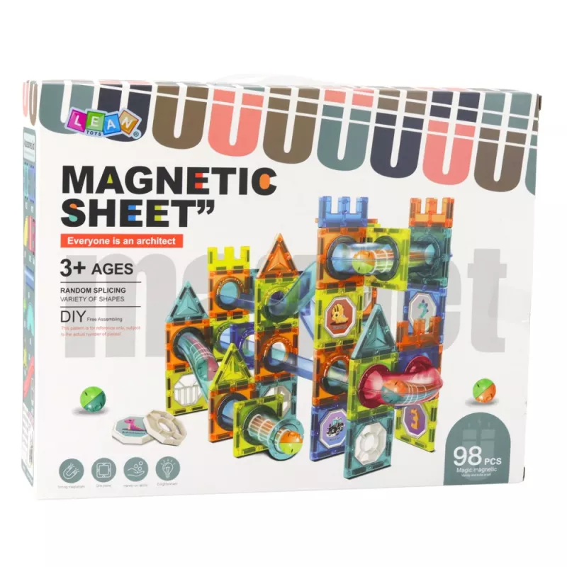 LEAN TOYS Zestaw magnetycznych klocków konstrukcyjnych z torem do kulek, kolorowy, 98 szt.
