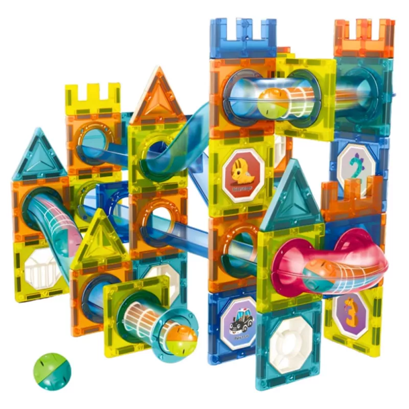 LEAN TOYS Zestaw magnetycznych klocków konstrukcyjnych z torem do kulek, kolorowy, 98 szt.