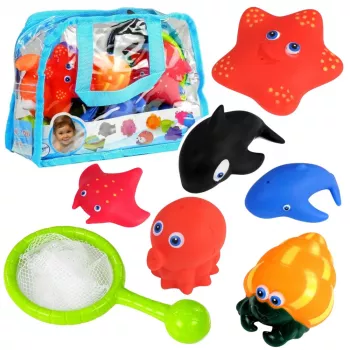 LEAN TOYS Zestaw zwierząt morskich do kąpieli, gumowe sitko do łowienia, 12 szt.