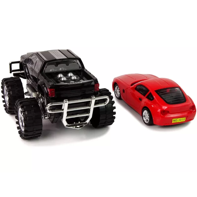LEAN TOYS Zestaw pojazdów Czarny monster truck Biała przyczepa kempingowa 58 cm
