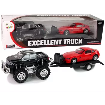 LEAN TOYS Zestaw pojazdów Czarny monster truck Biała przyczepa kempingowa 58 cm