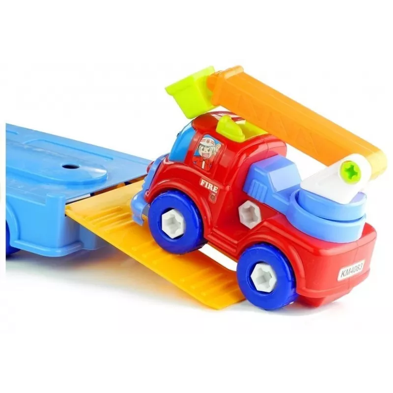 LEAN TOYS Zestaw pojazdów Policja Straż Pożarna Laweta do transportu aut Odkręcane
