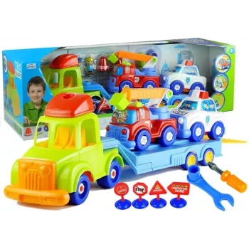 LEAN TOYS Zestaw pojazdów Policja Straż Pożarna Laweta do transportu aut Odkręcane